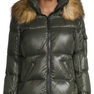 S13 NYC Faux Fur Trim Gloss Puffer Jacket S Dark Military